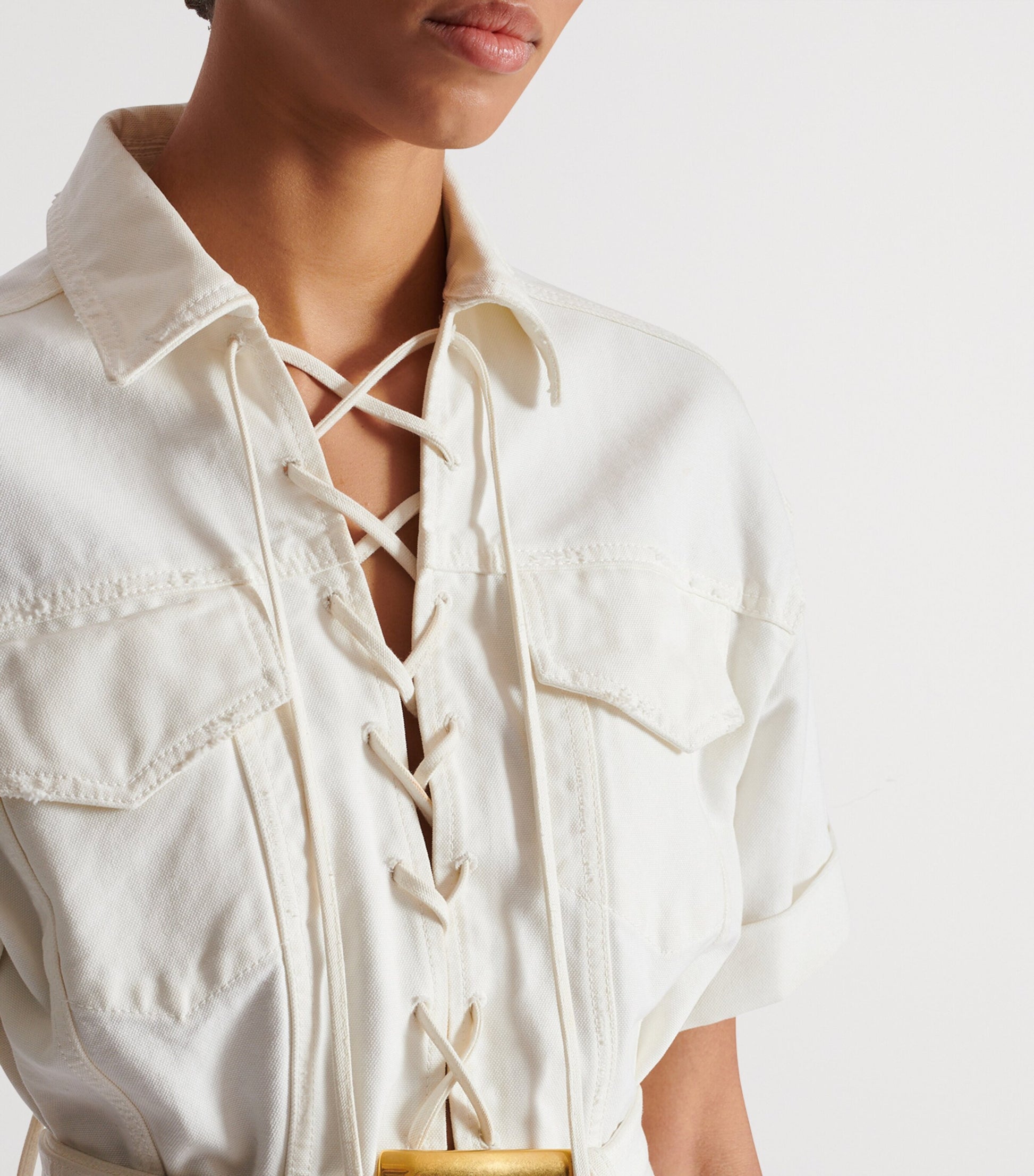 White Cotton Belted Mini Dress