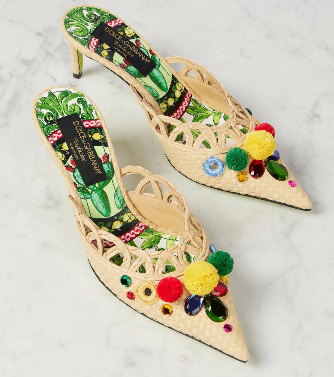 Dolce&Gabbana - Pointy 60 embellished raffia mules