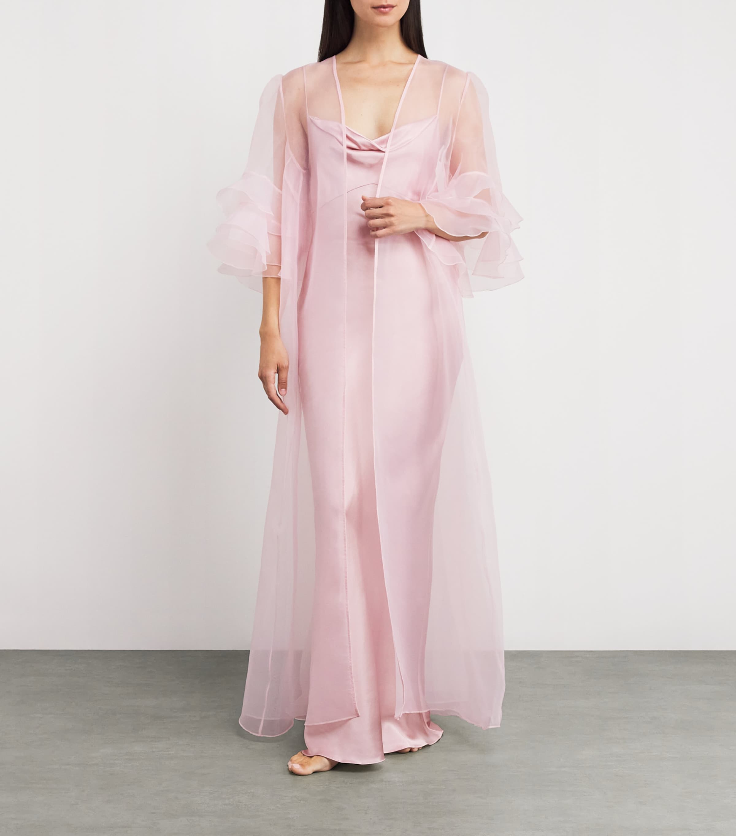 Rosamosario Pink Silk Ruffle Long Robe