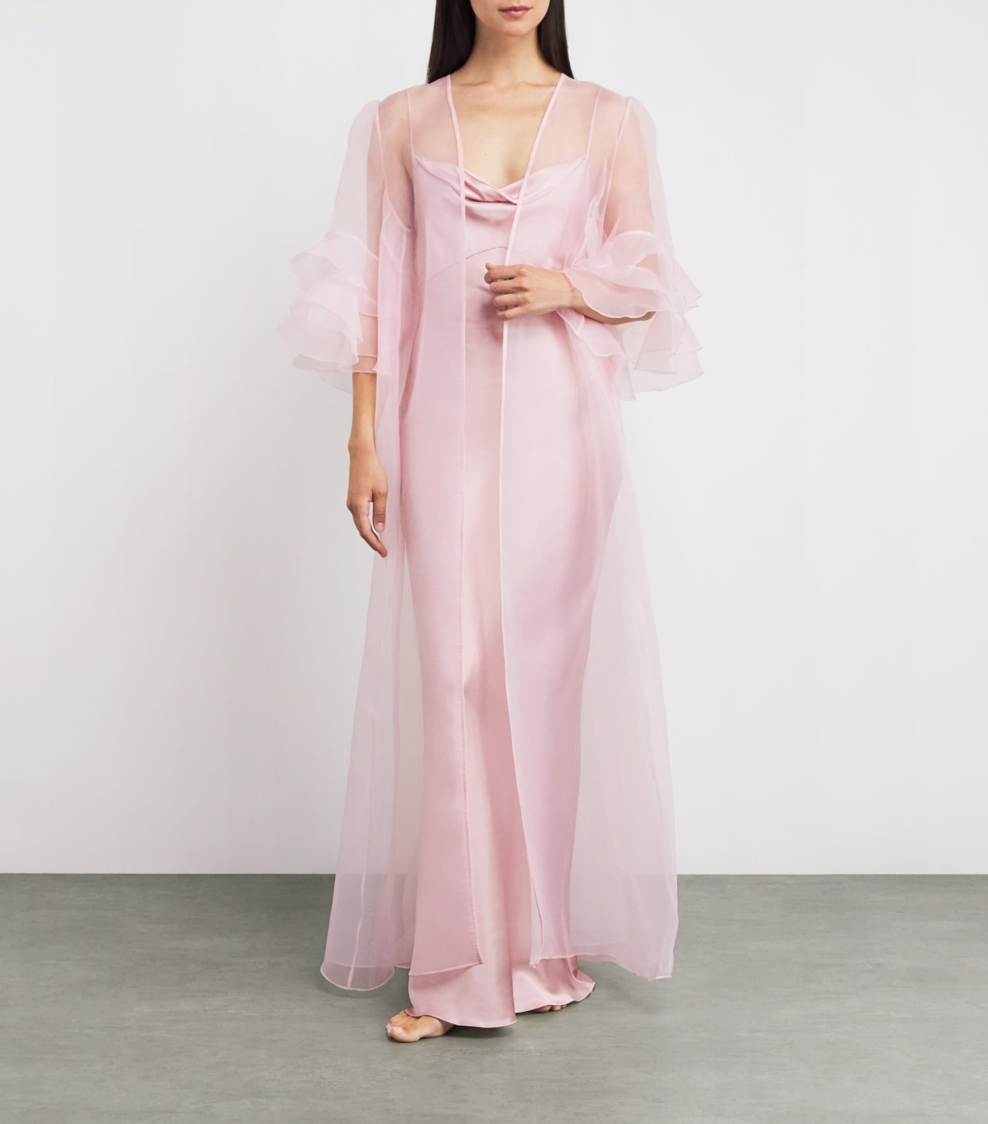 Rosamosario Pink Silk Ruffle Long Robe