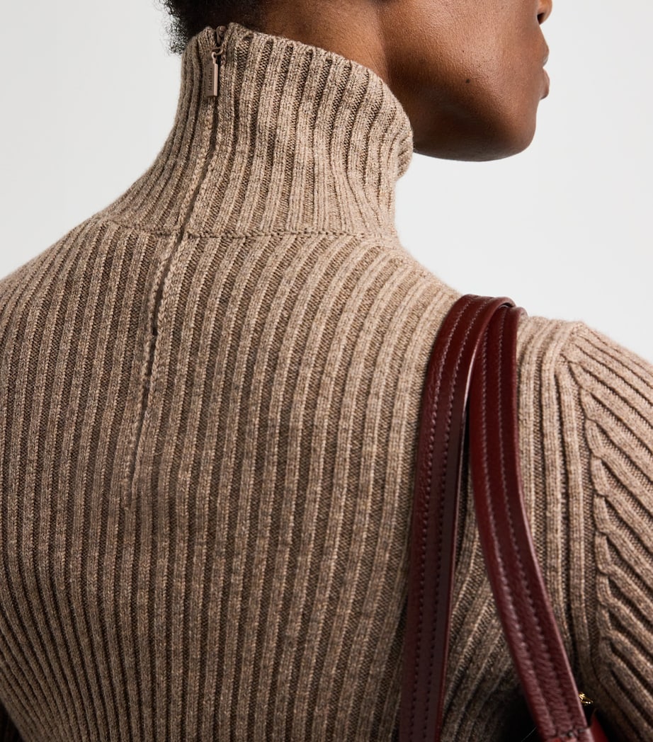 Max Mara Beige Wool-Blend Ribbed High-Neck Sweater
