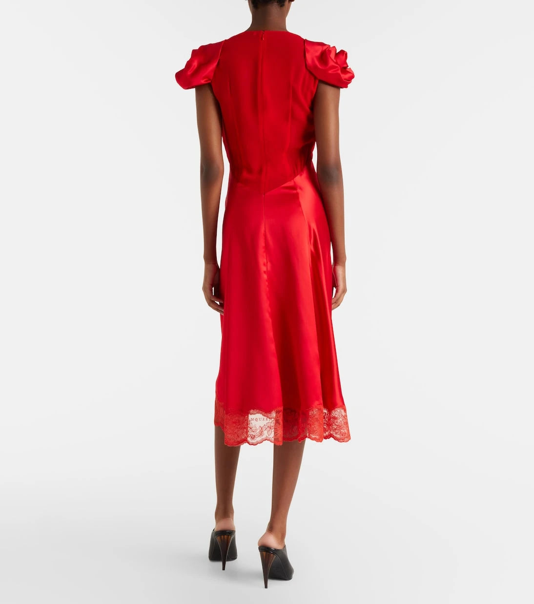 McQueen - Lace-trimmed satin midi dress