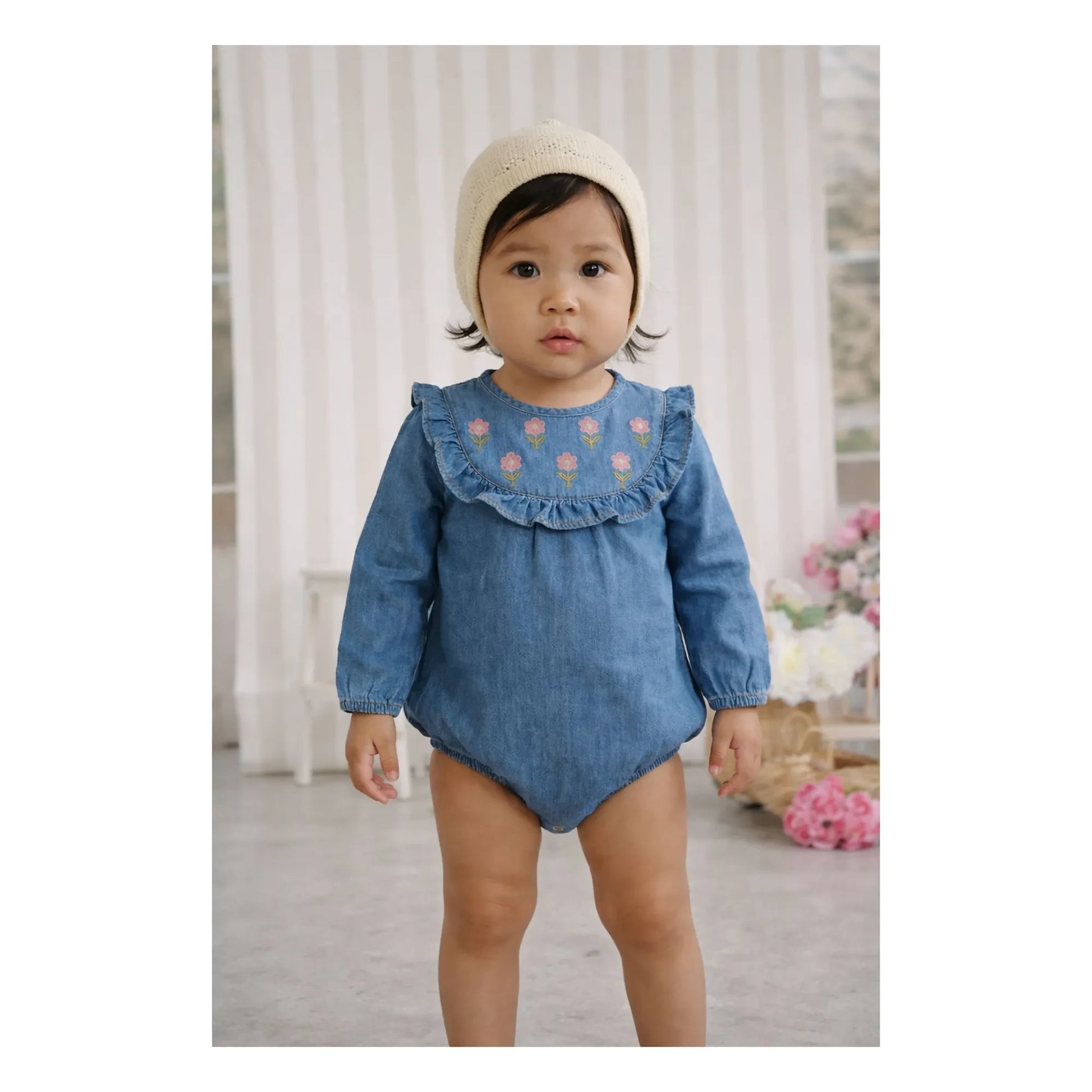 Lililotte - Barboteuse Brodée Bérénice Tencel Coton Bio | Denim blue