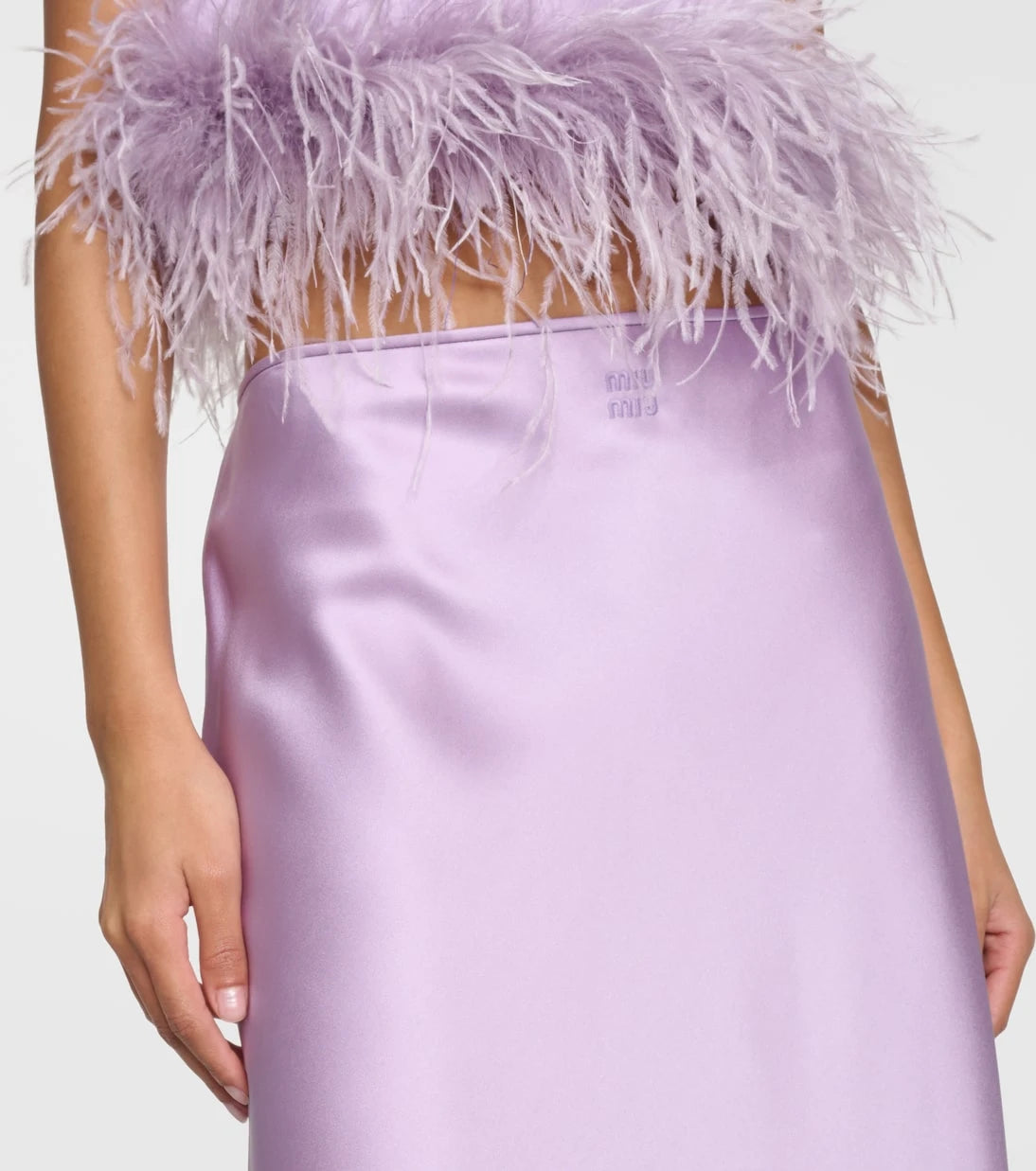 Miu Miu - Feather-trimmed satin midi skirt