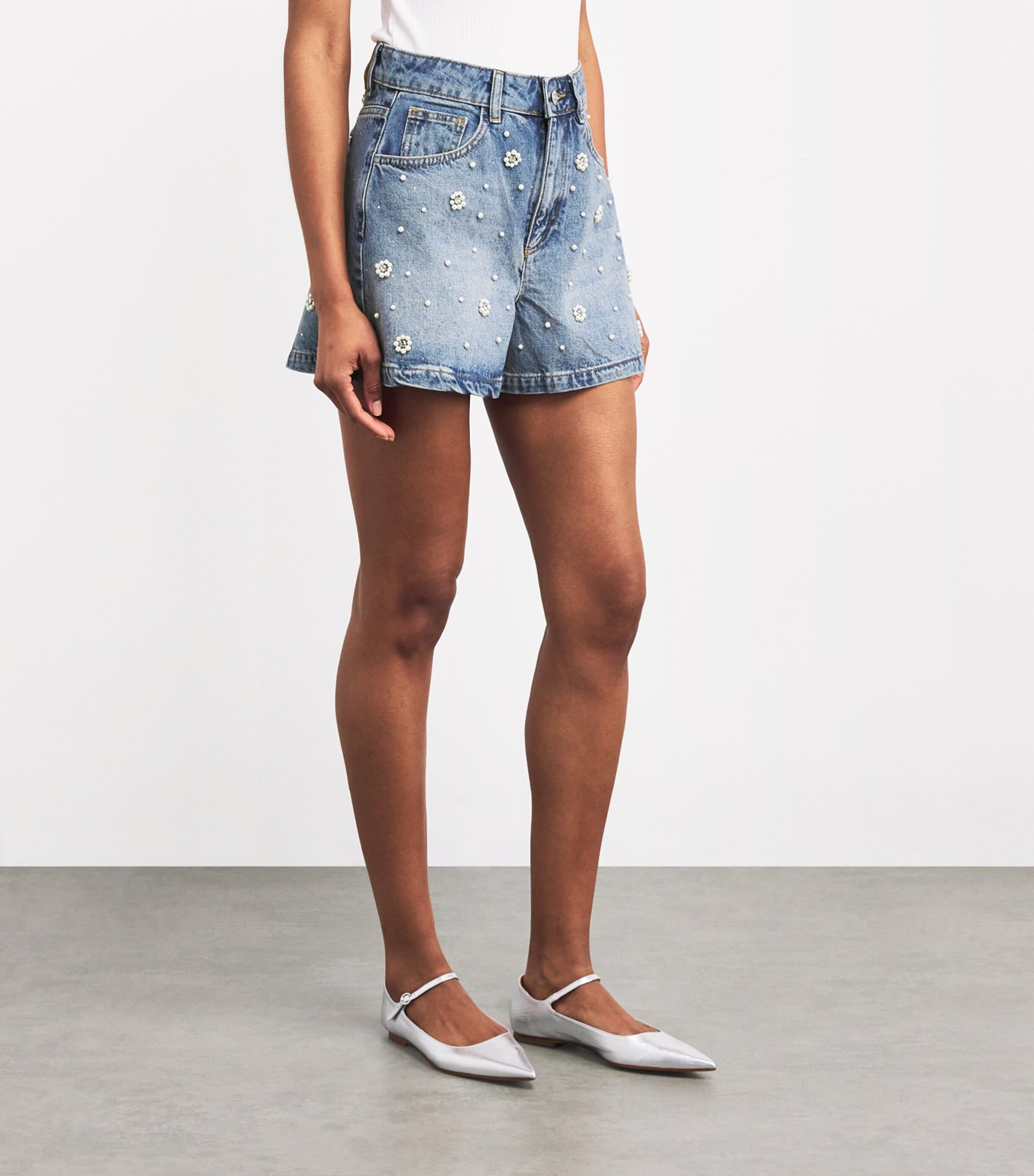 Blue Embellished Wide-Leg Denim Shorts