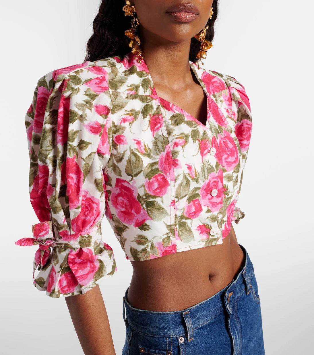 Chloé - Floral cropped puff-sleeve cotton blouse