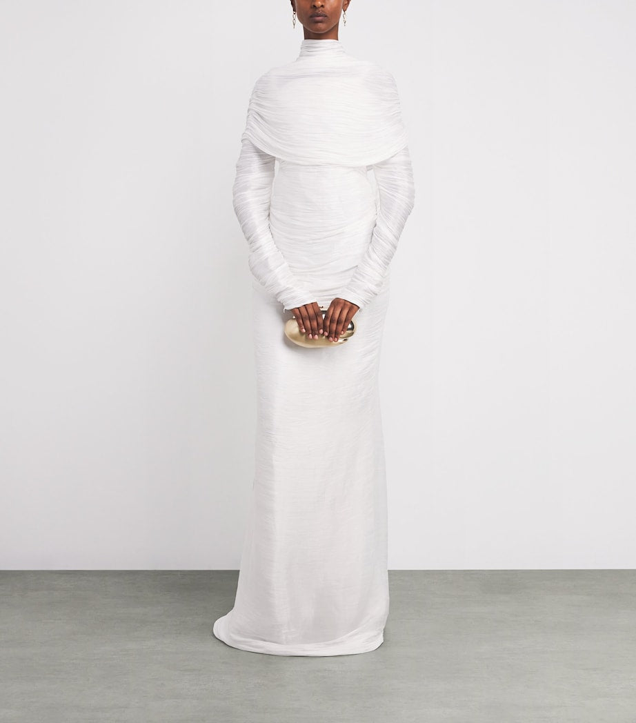 Marmar Halim Ivory Pleated High-Neck Gown
