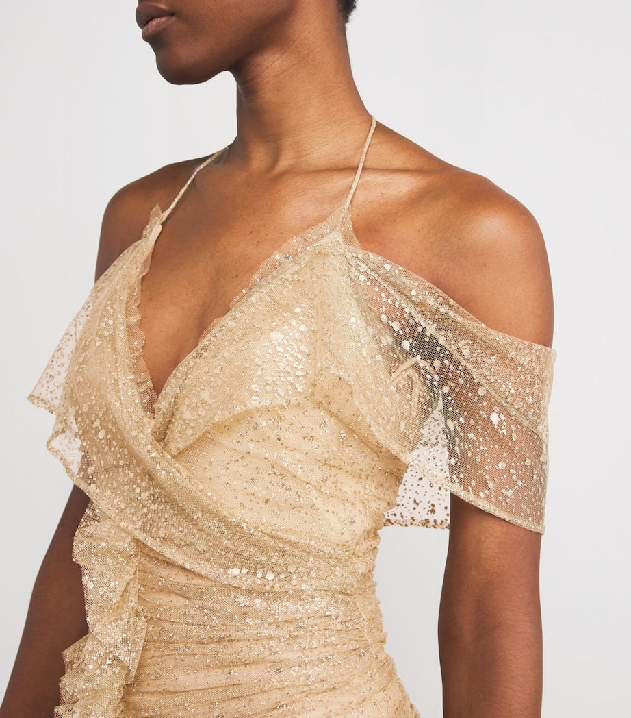 Sandra Mansour Gold Tulle Glitter Nuageux Gown