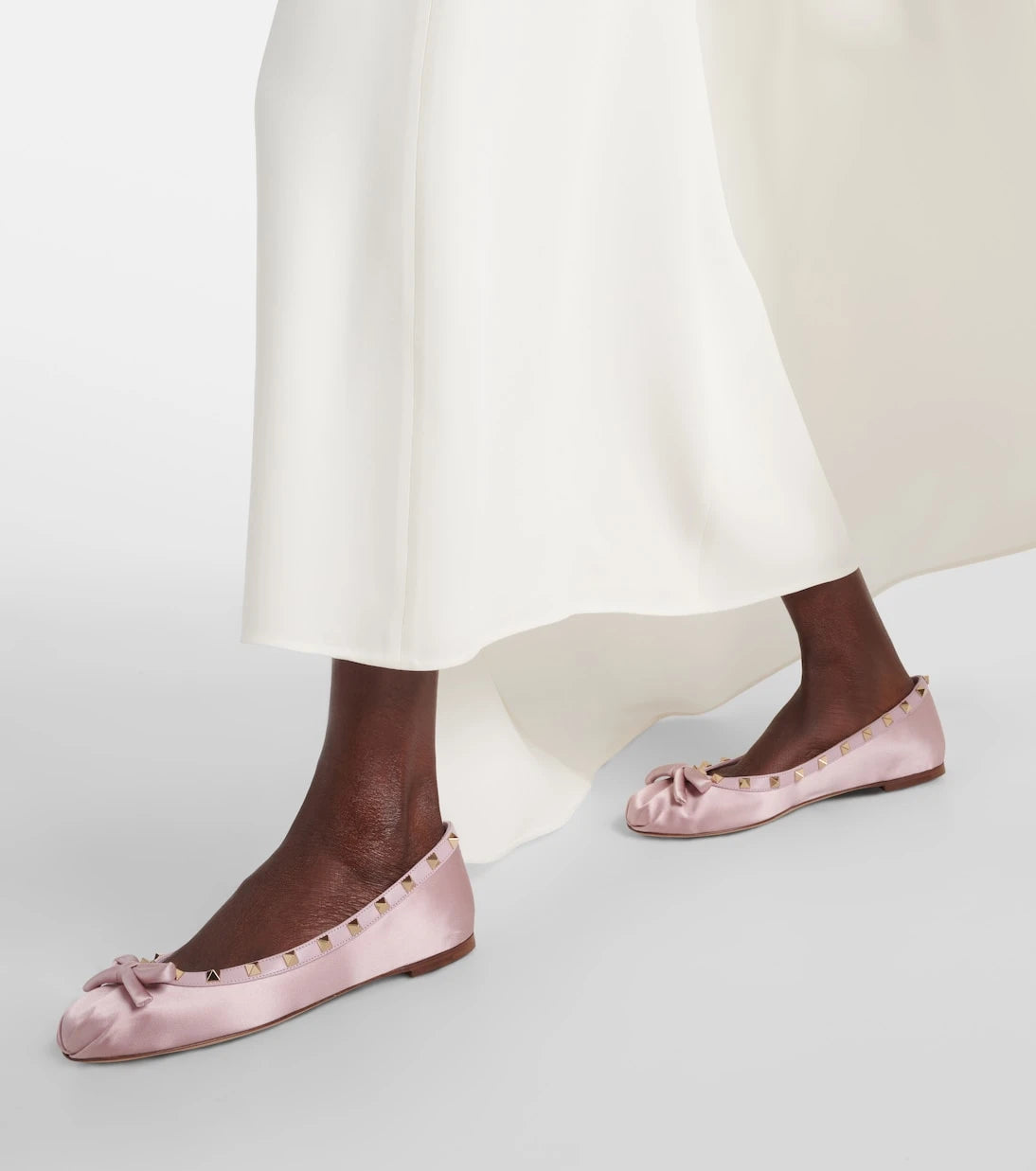 Valentino Garavani - Rockstud leather-trimmed satin ballet flats