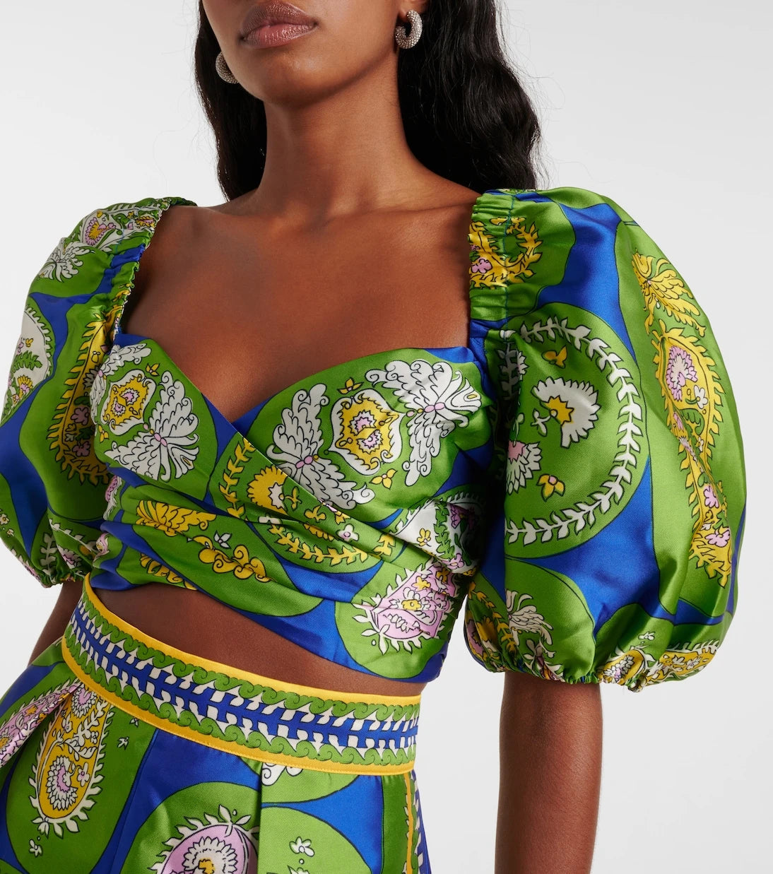 Alémais - Printed balloon-sleeve cropped top