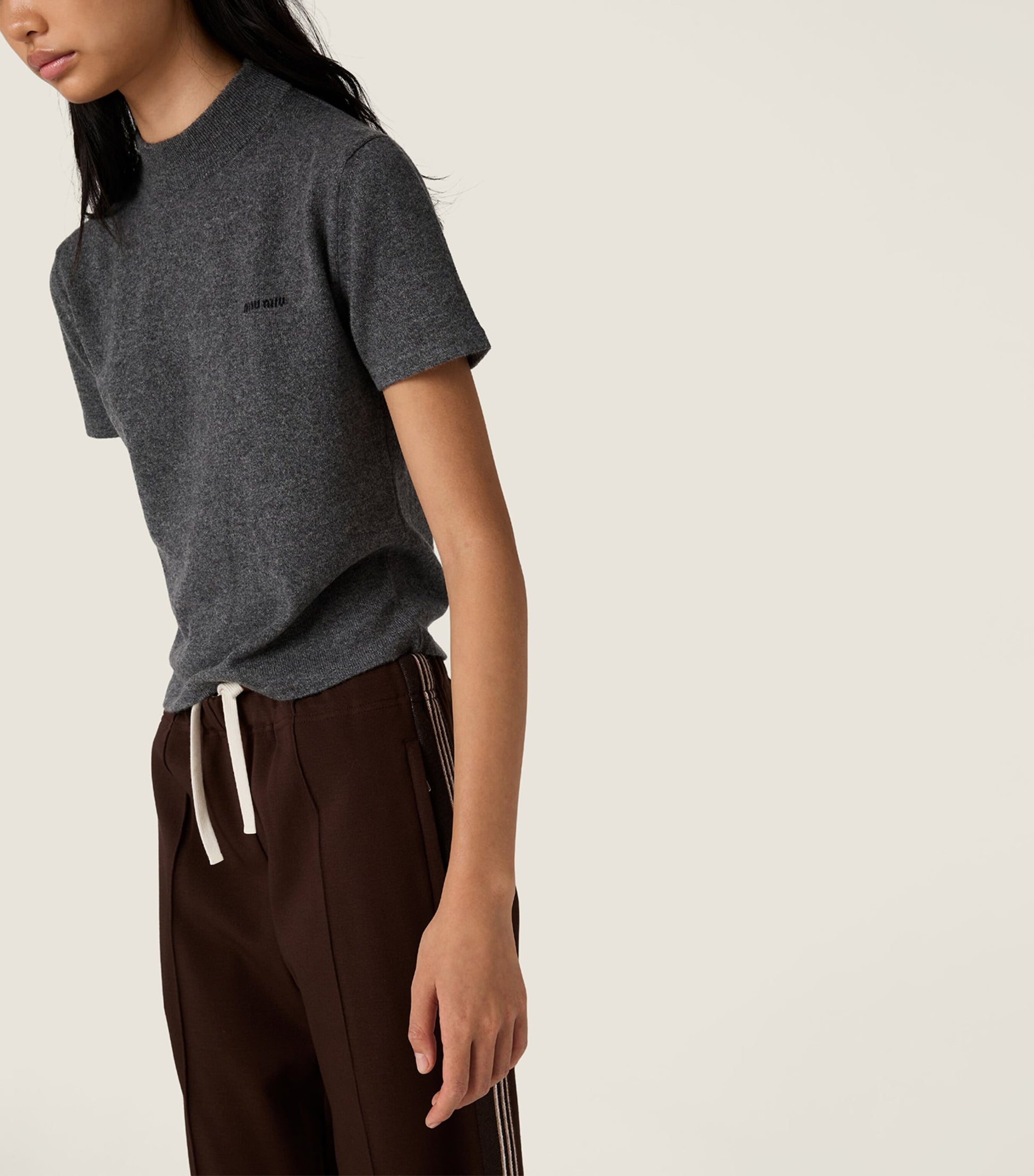 Miu Miu Grey Cashmere Short-Sleeve Sweater