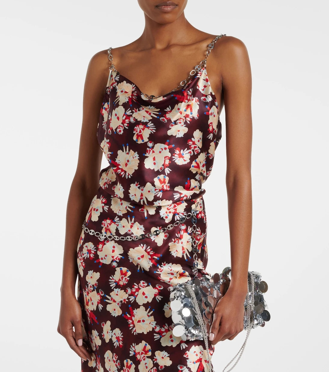 Rabanne - Chain-detail floral silk satin top