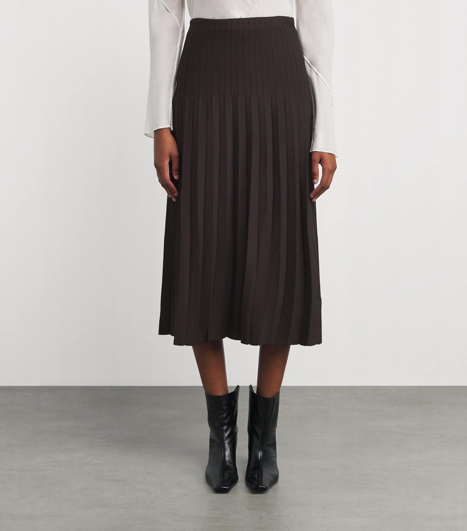 STAUD Brown Ribbed Lena Midi Skirt