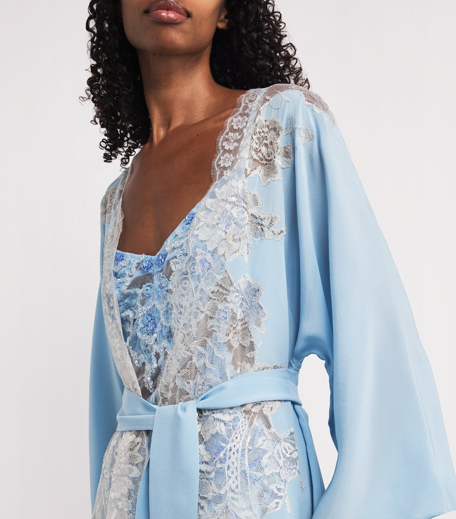 Rosamosario Blue Silk Lace-Trim Robe