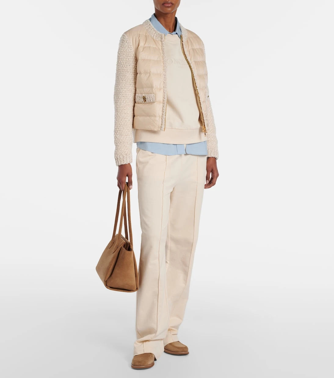 Moncler - Down-paneled bouclé-trimmed zip-up cardigan