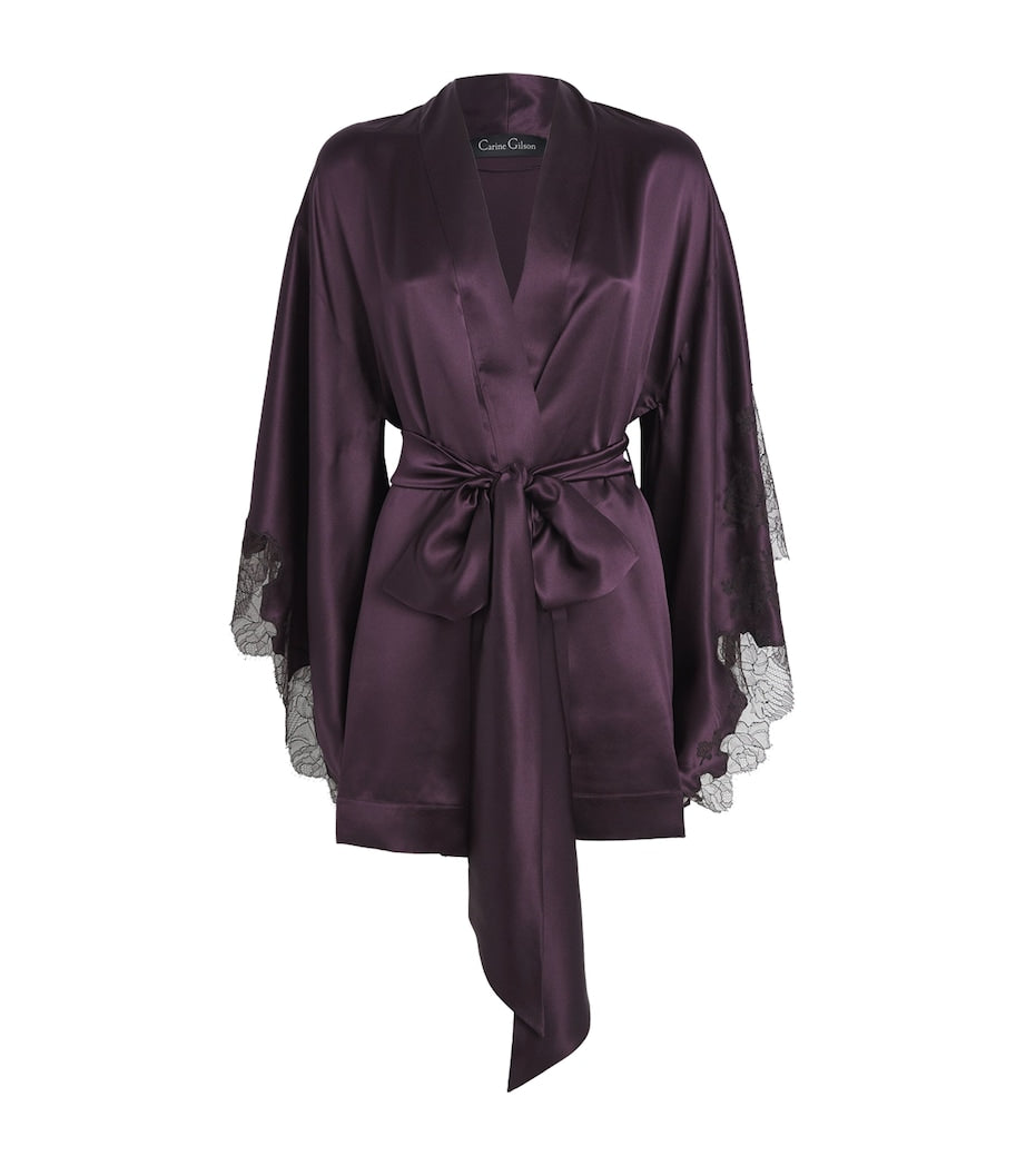 Carine Gilson Purple Silk Lace-Detail Short Robe