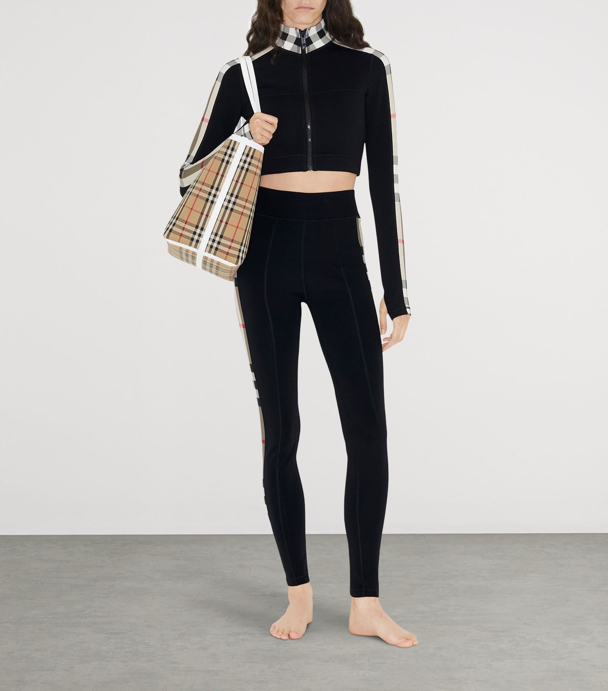 Burberry Black Stretch-Jersey Check Zip-Up Crop Top