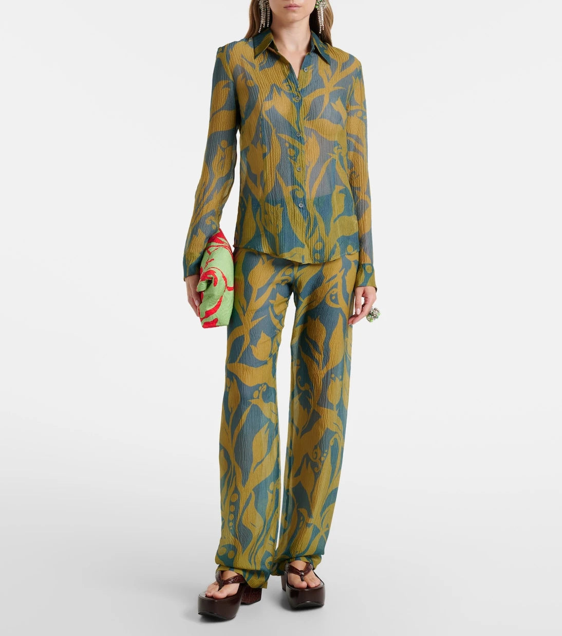 Dries Van Noten - بنطال حريري بقصة مستقيمة ومطبوع بنقشة باشا