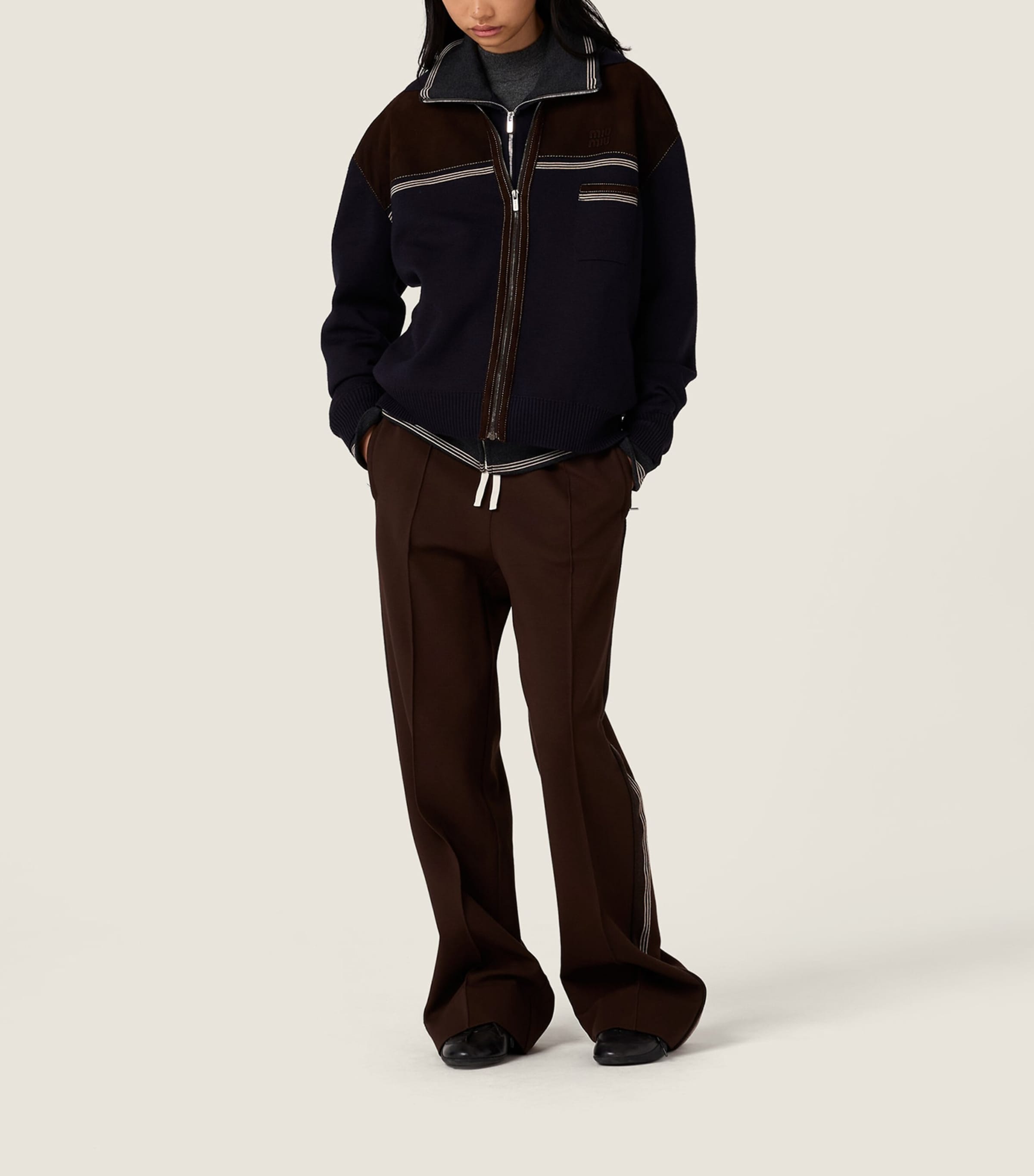 Blue Wool Suede-Trim Cardigan