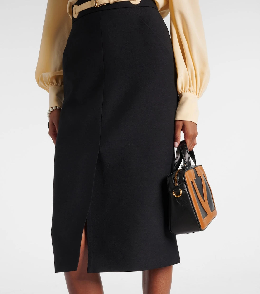Valentino - Belted wool and silk midi skirt