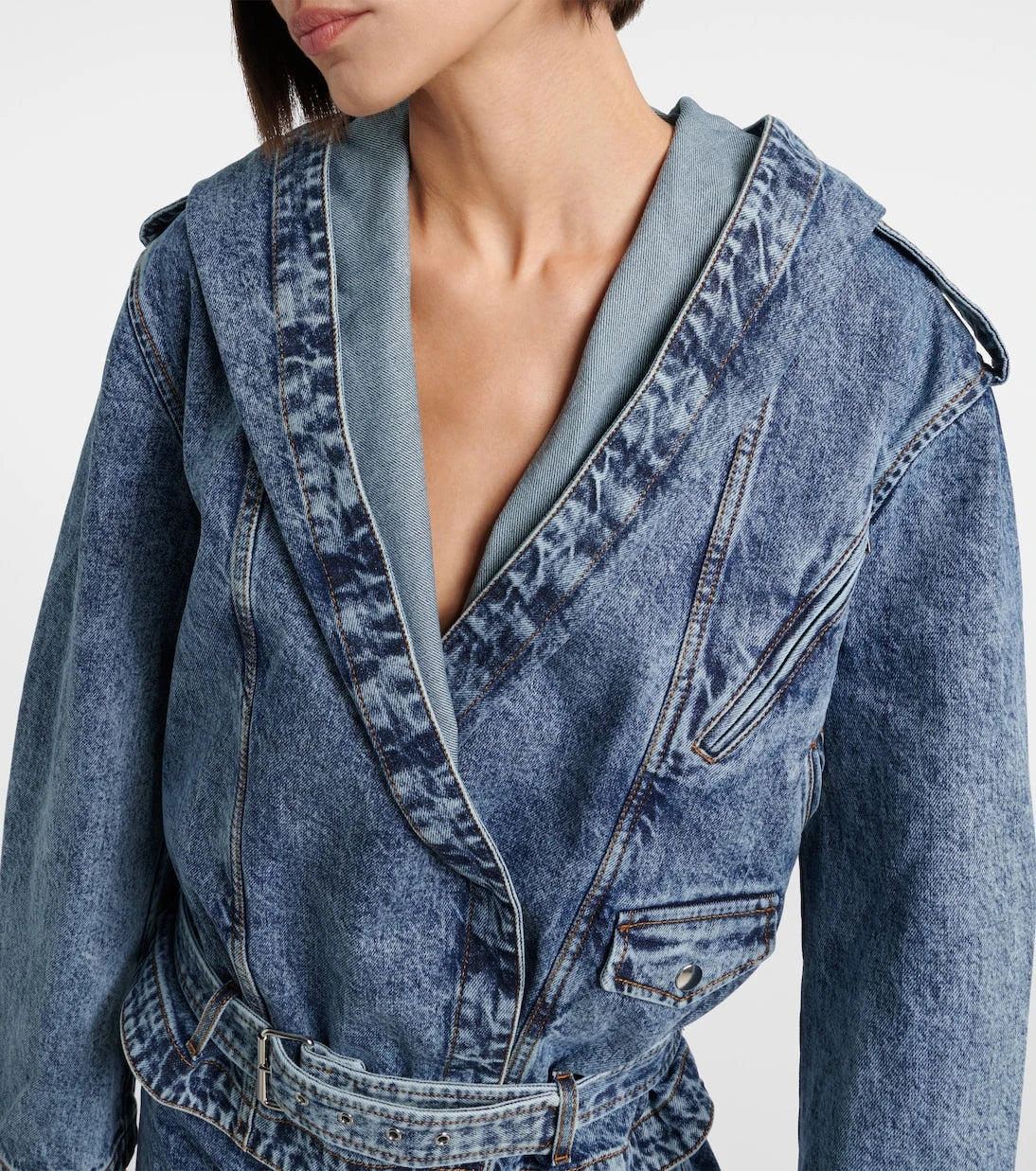 Alaïa - Belted hooded denim jacket