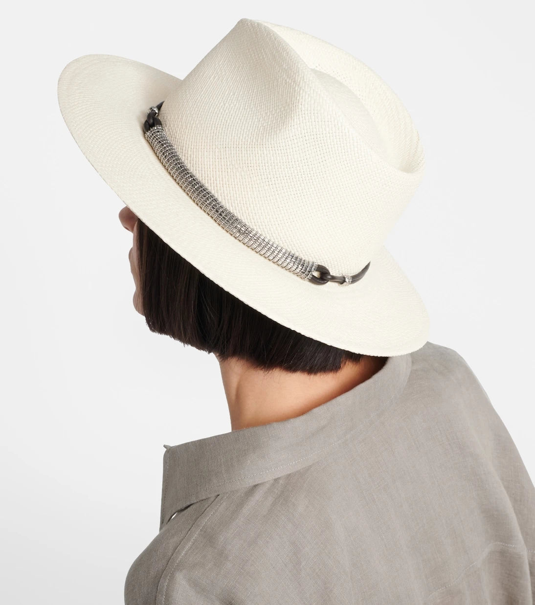 Brunello Cucinelli – Lederbesetzter Stroh-Fedora-Hut