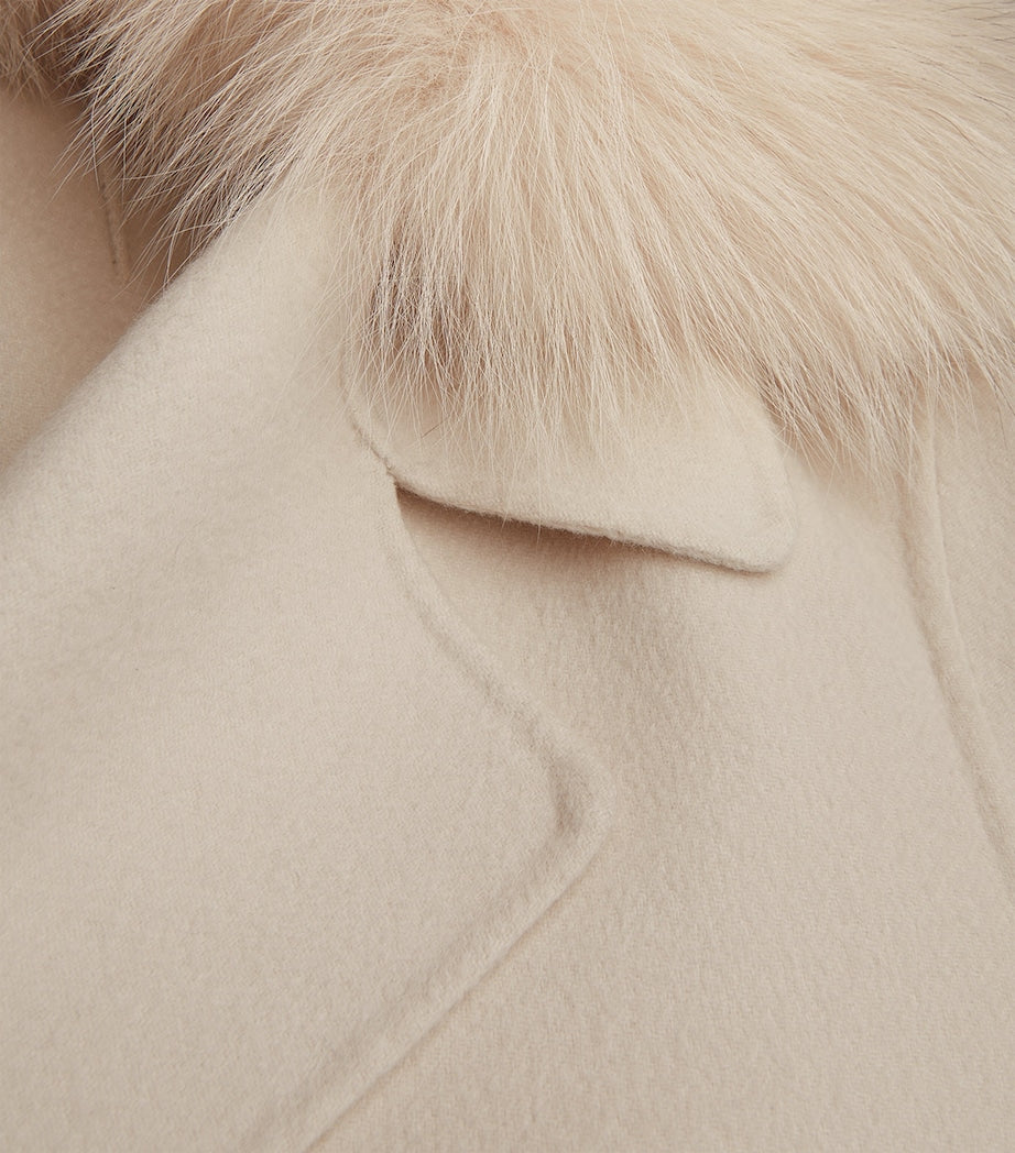 Yves Salomon Beige Wool-Cashmere Fur-Trim Pea Coat
