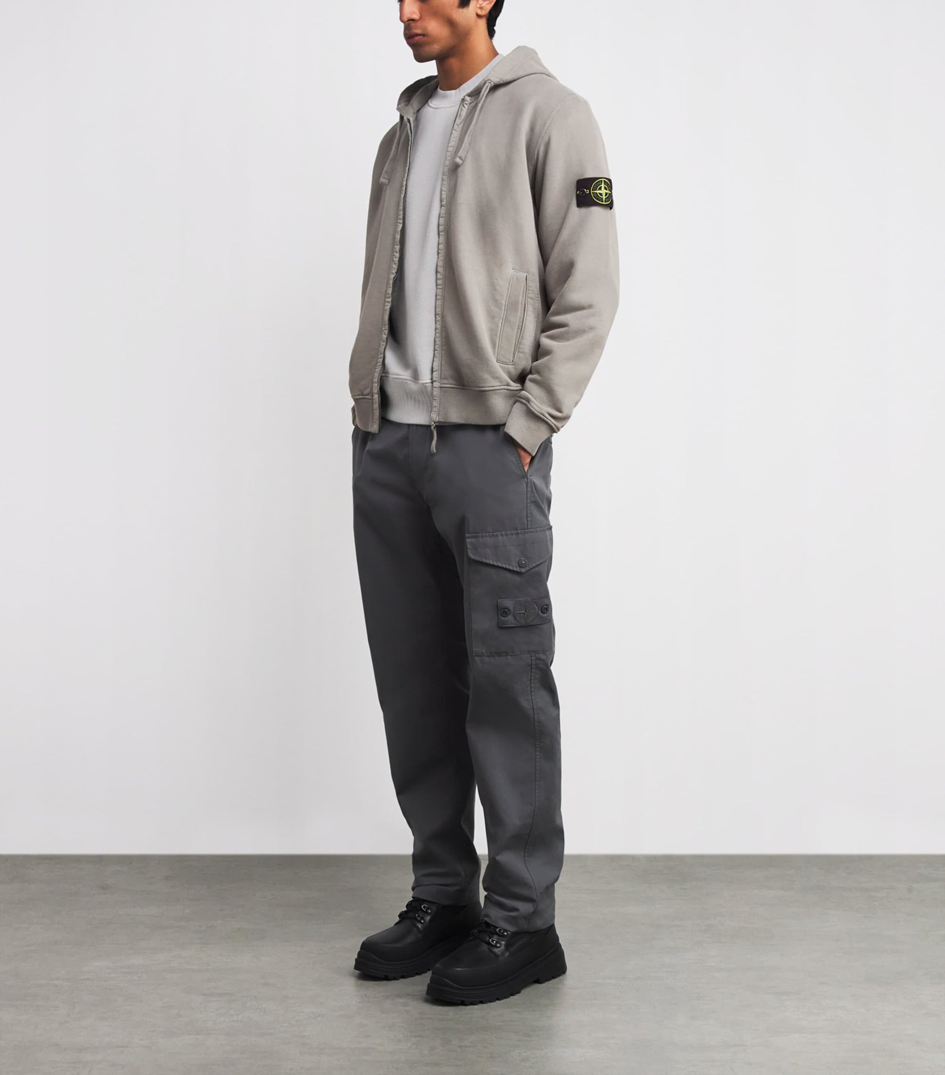 Stone Island Grey Organic Cotton Fleece Zip-Up Hoodie