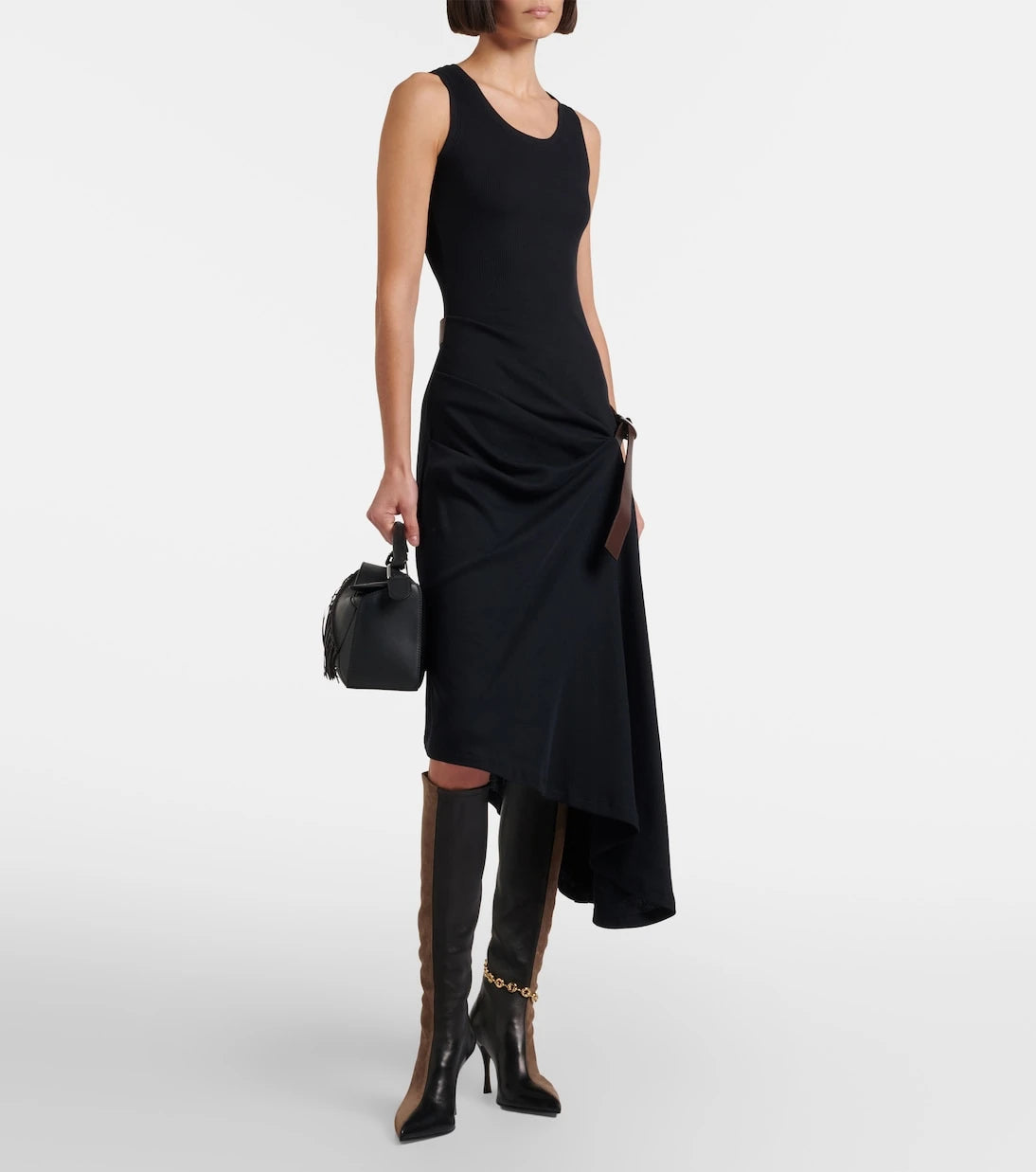 Loewe - Belted ribbed-knit draped cotton-blend midi dress
