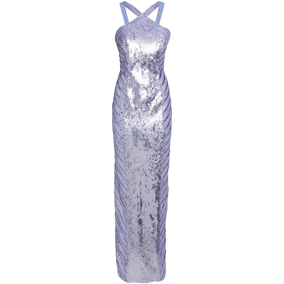 Pamella Roland Blue Sequinned Embellished Halterneck Gown