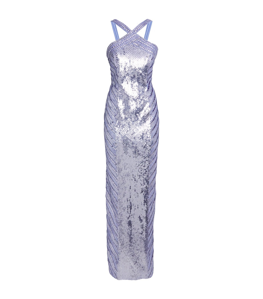 Pamella Roland Blue Sequinned Embellished Halterneck Gown
