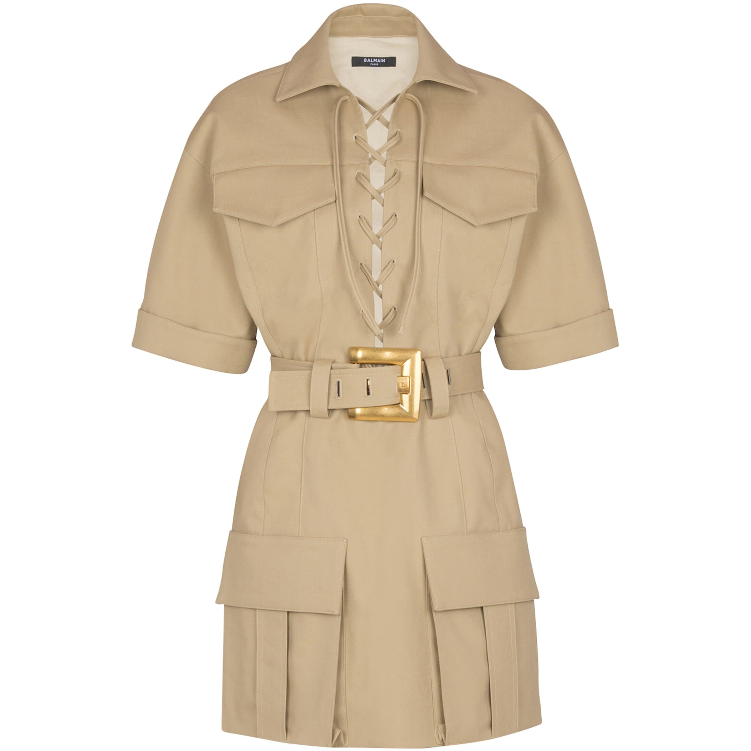 Beige Cotton Belted Mini Dress