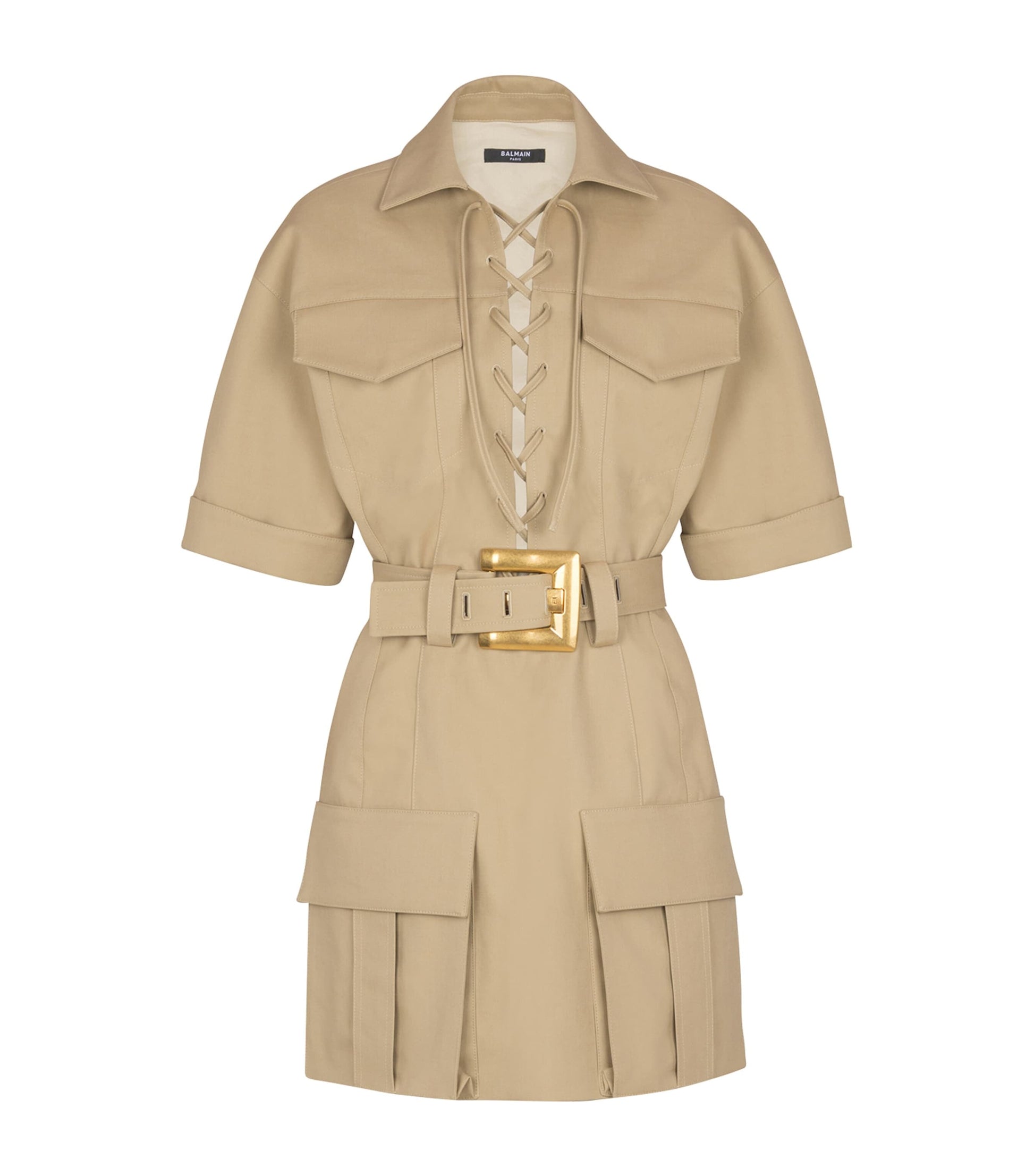 Beige Cotton Belted Mini Dress