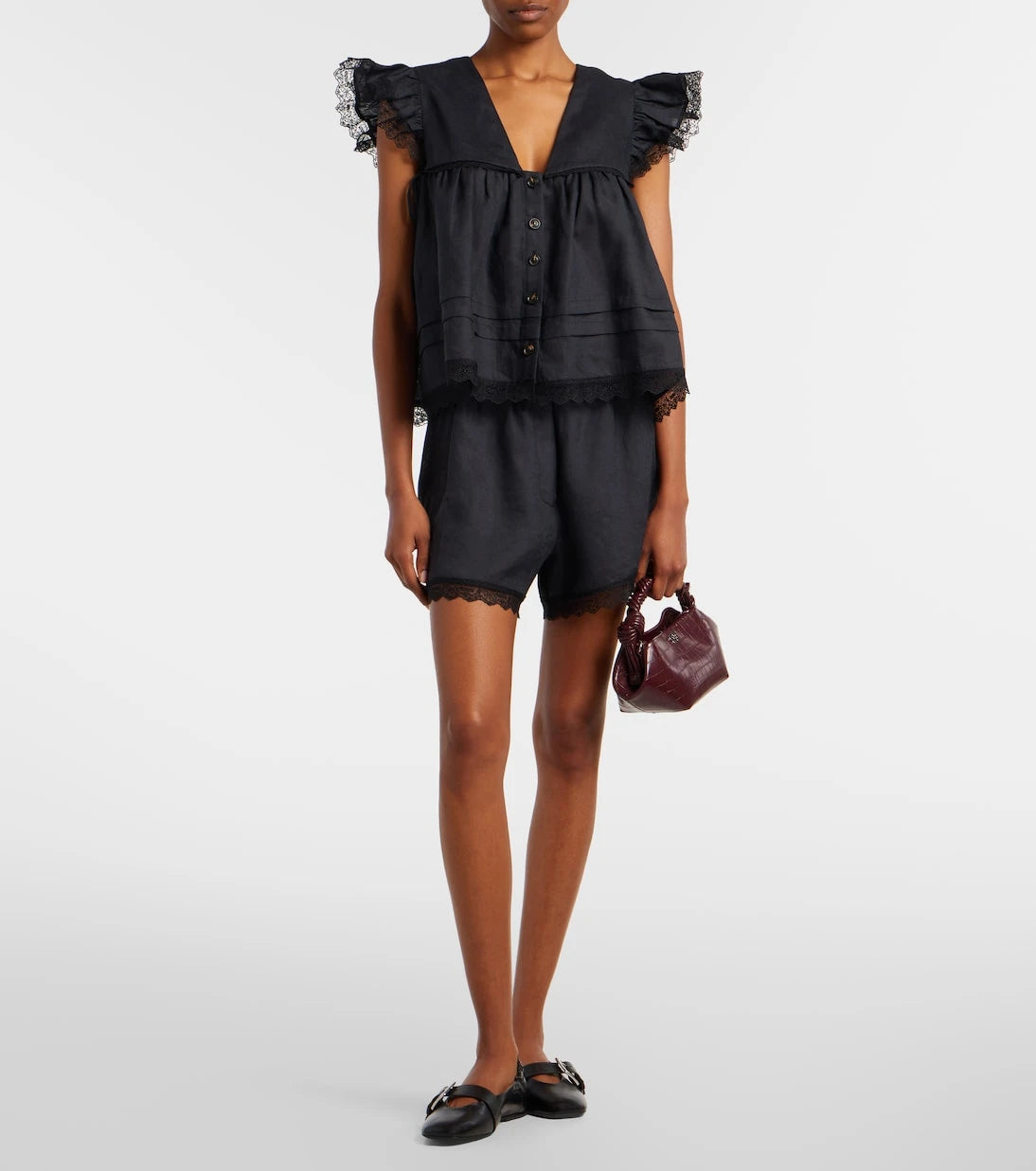 Ganni - Lace-trimmed linen shorts