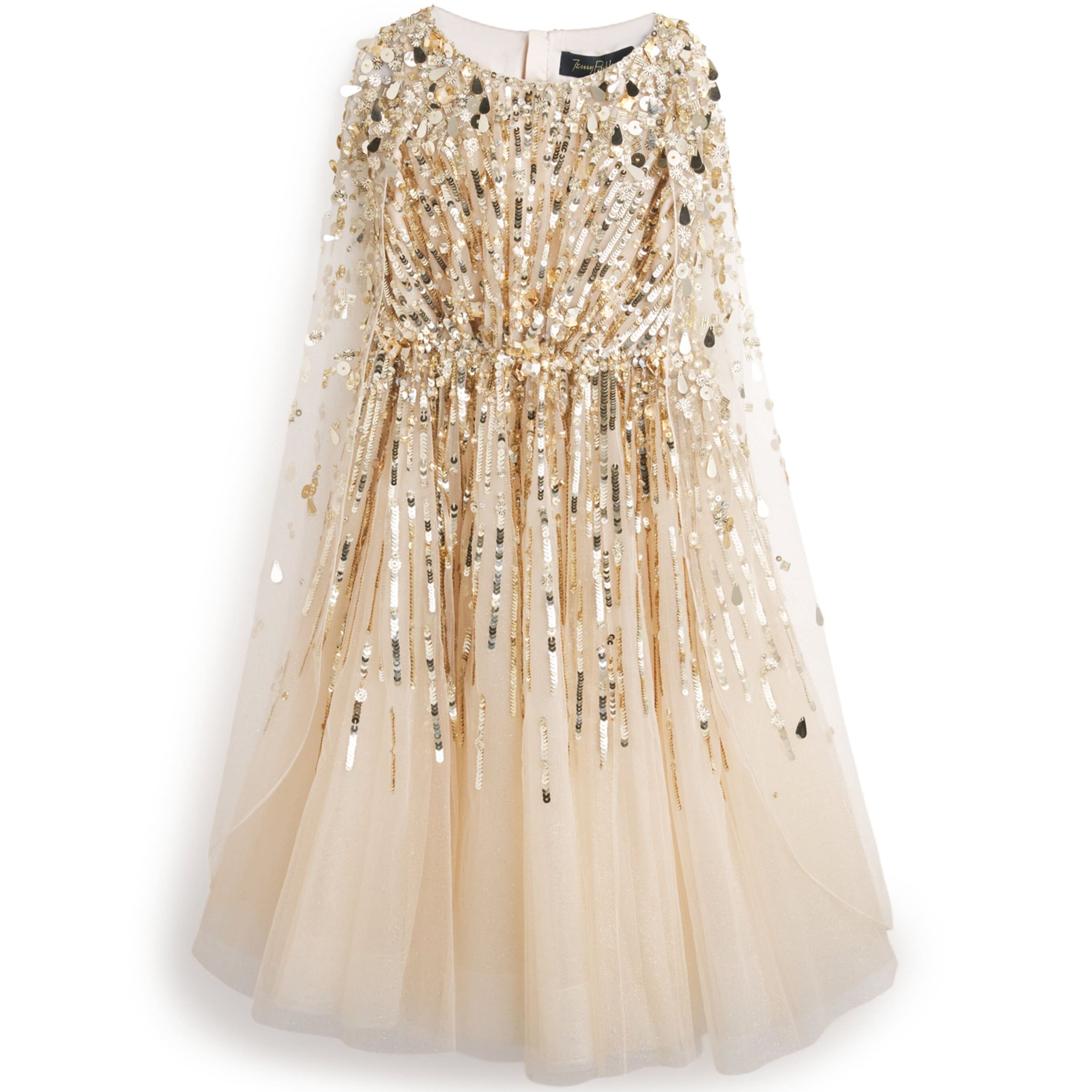 Jenny Packham Kids Gold Tulle Embellished Goldy Cape Dress (6-12 Years)
