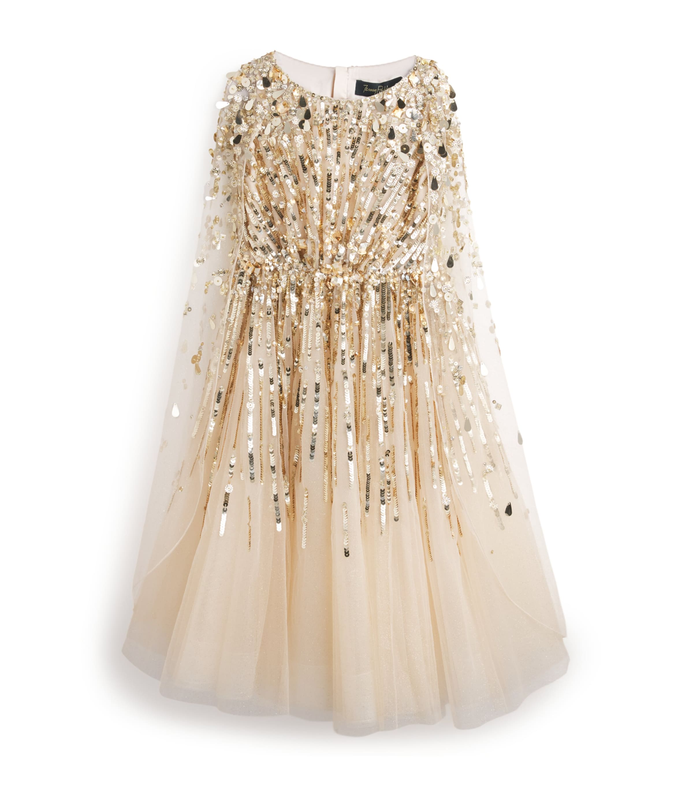Jenny Packham Kids Gold Tulle Embellished Goldy Cape Dress (6-12 Years)