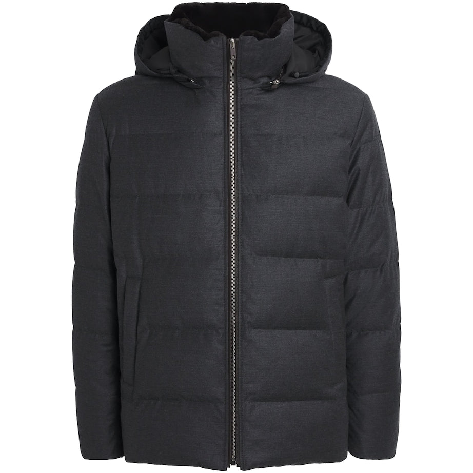 Yves Salomon Grey Wool-Silk Mink-Trim Puffer Jacket