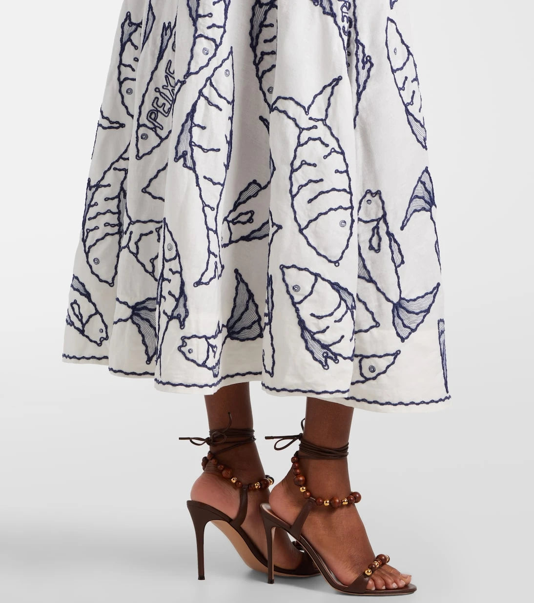 Farm Rio - Embroidered linen-blend midi skirt