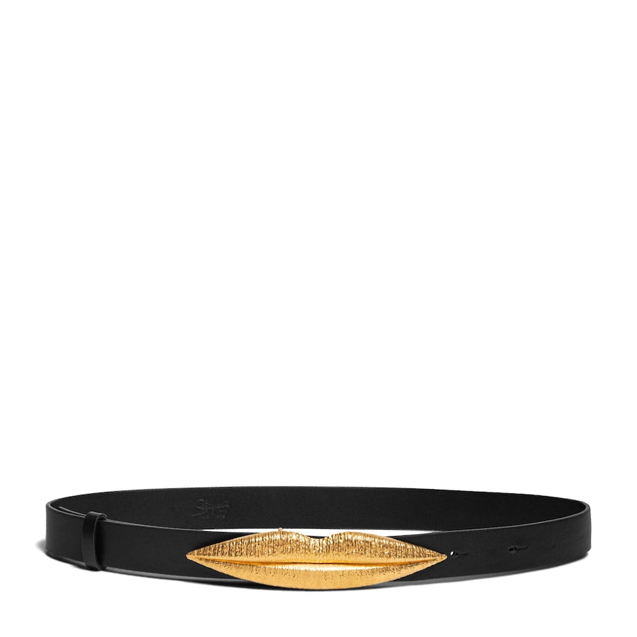 Black Calf Leather Mouth-Detail Belt