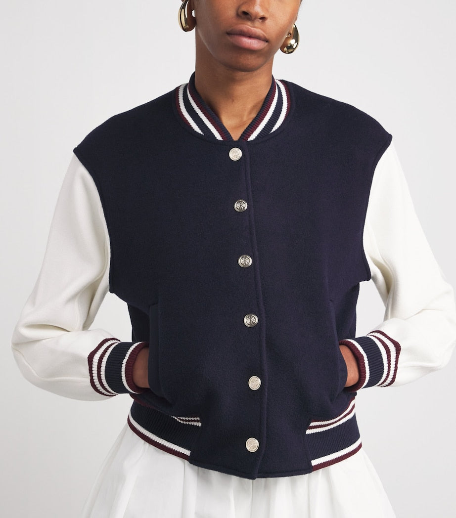 Blue Wool Stripe-Trim Bomber Jacket
