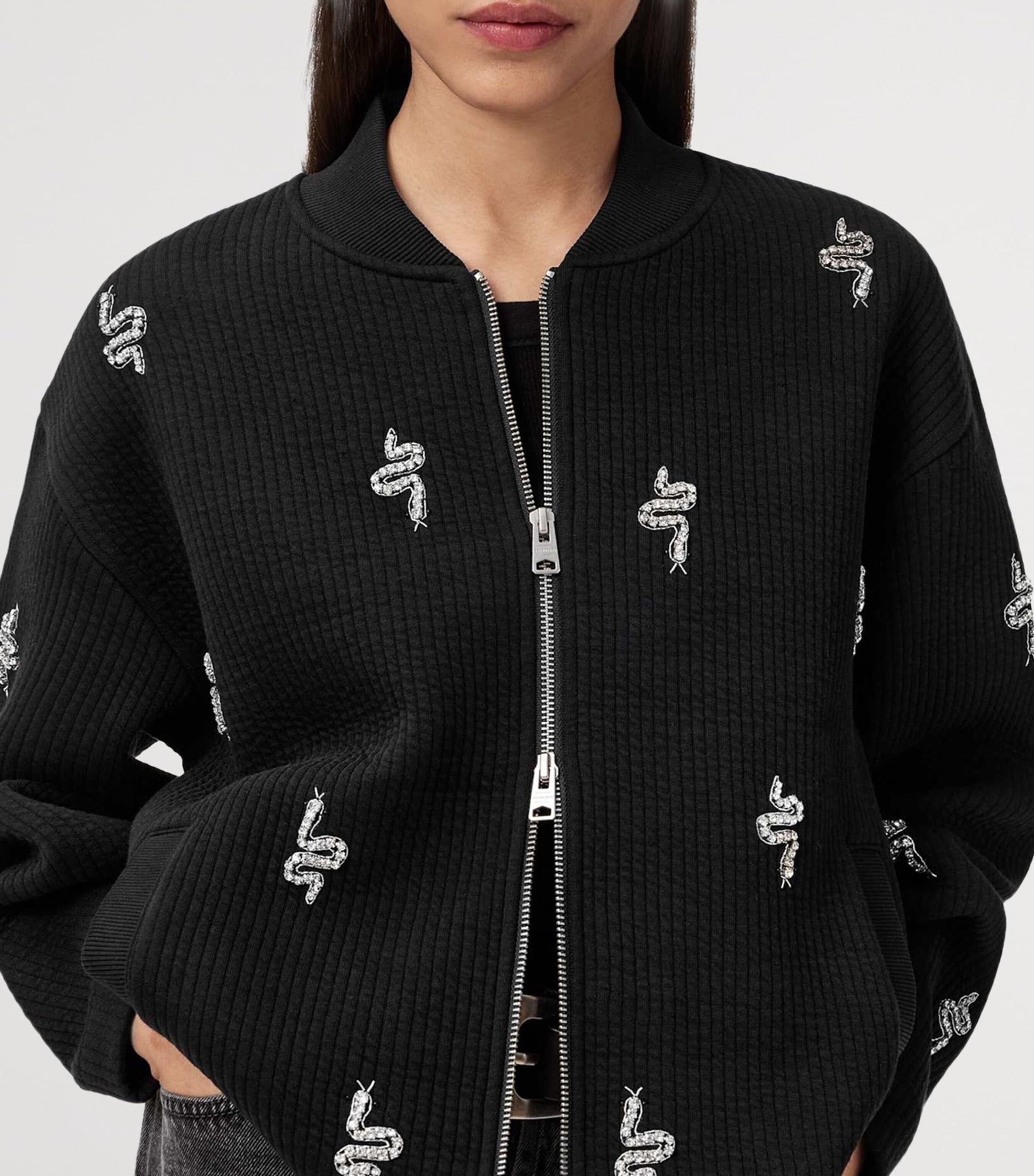 Black Embellished Rhea Bea Bomber Jacket