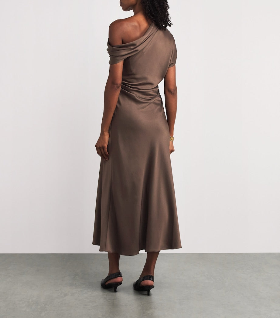 Simkhai Brown Satin Asymmetric Joanna Midi Dress