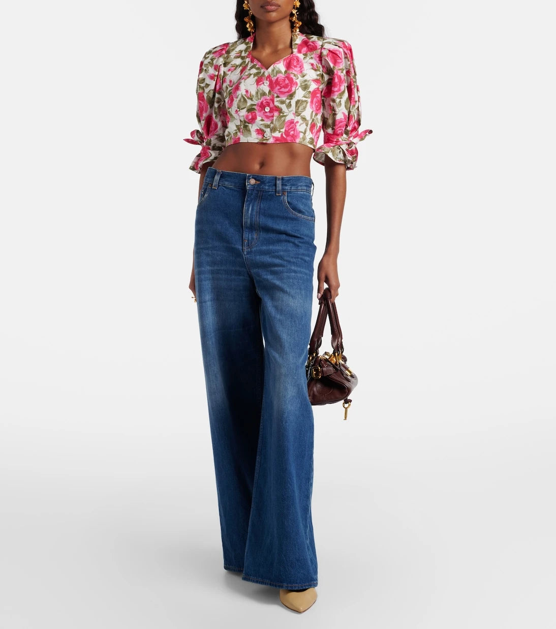 Chloé - Floral cropped puff-sleeve cotton blouse