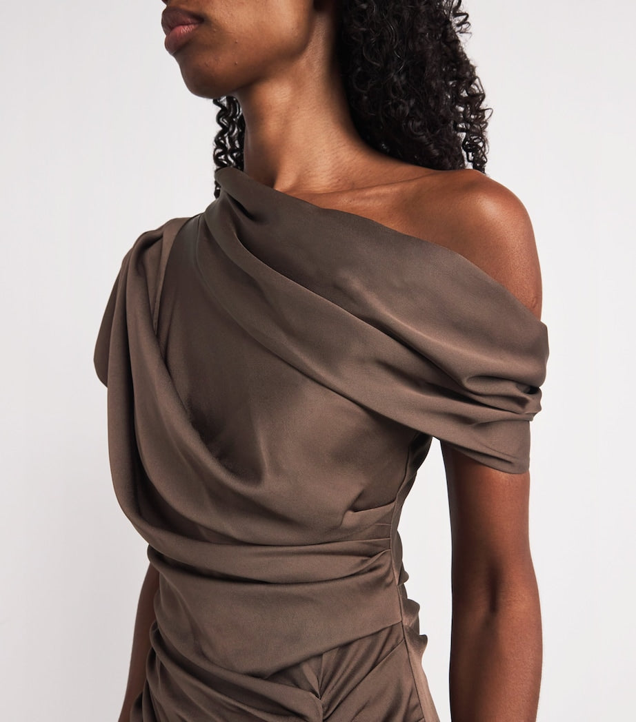 Simkhai Brown Satin Asymmetric Joanna Midi Dress