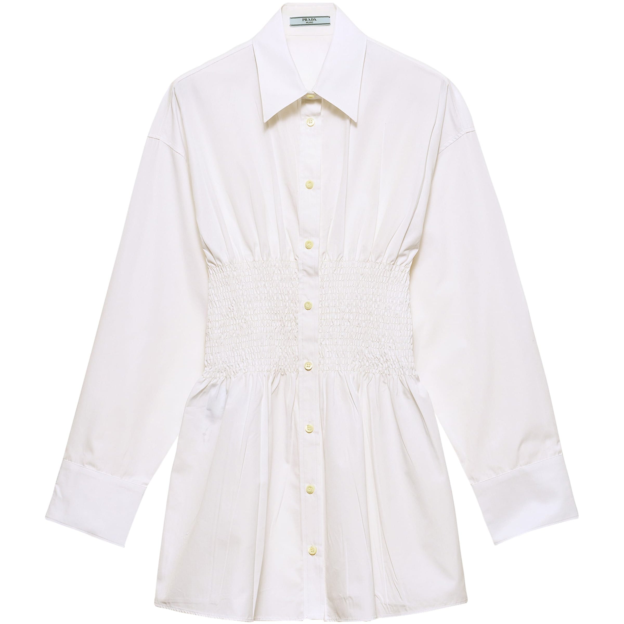 White Poplin Smocked-Waist Shirt Dress