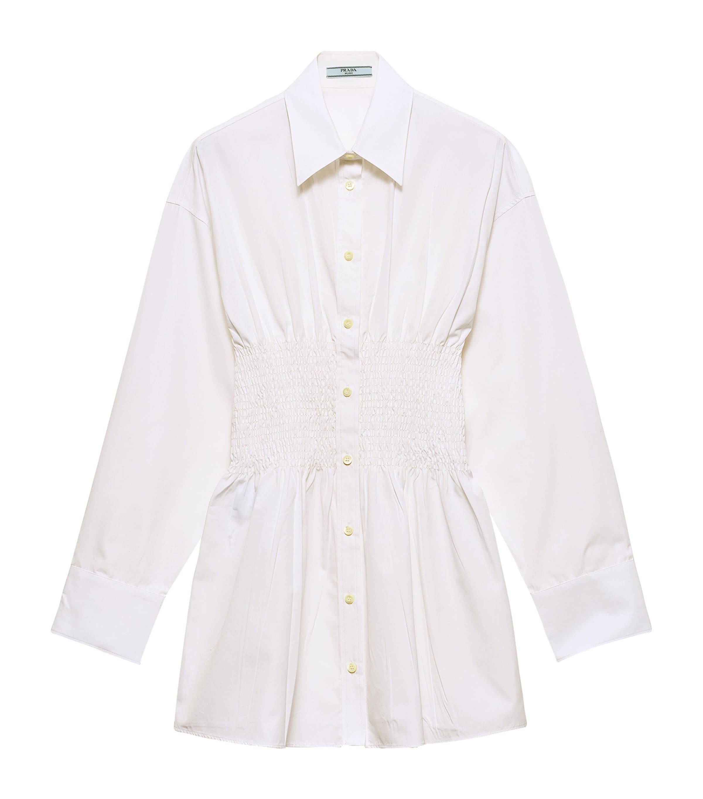 White Poplin Smocked-Waist Shirt Dress