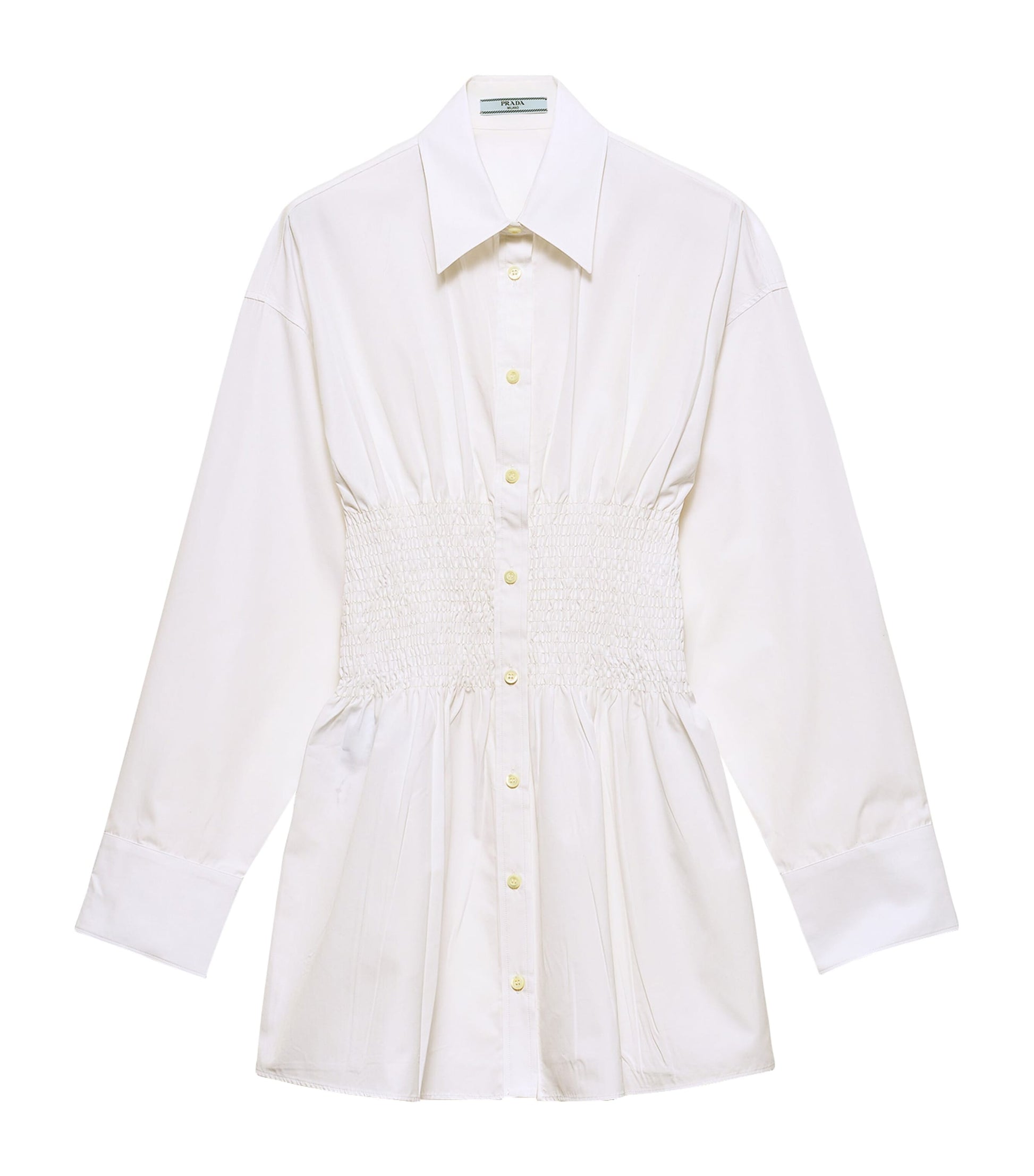 White Poplin Smocked-Waist Shirt Dress