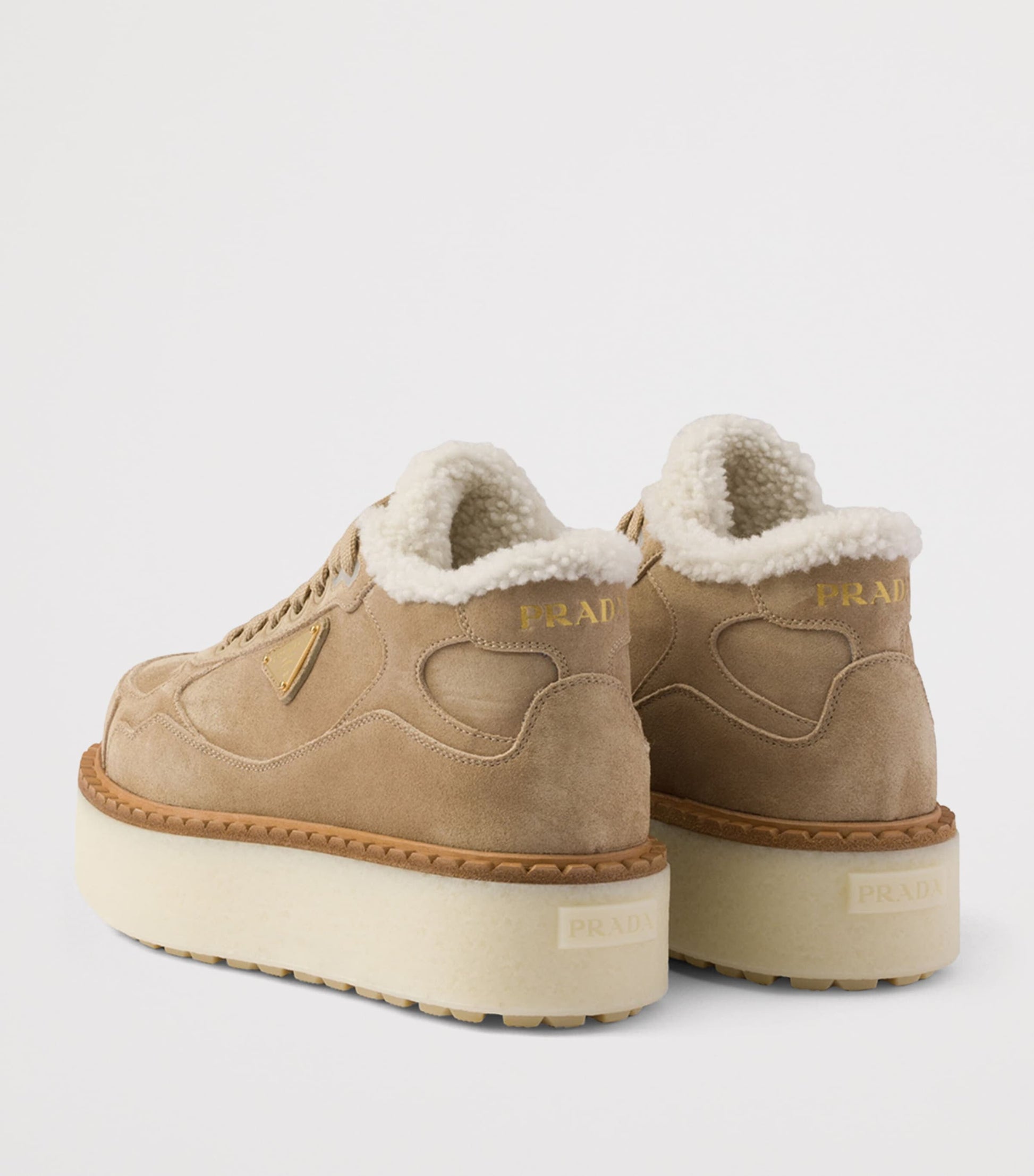 Prada Neutral Suede Shearling Platform Sneakers