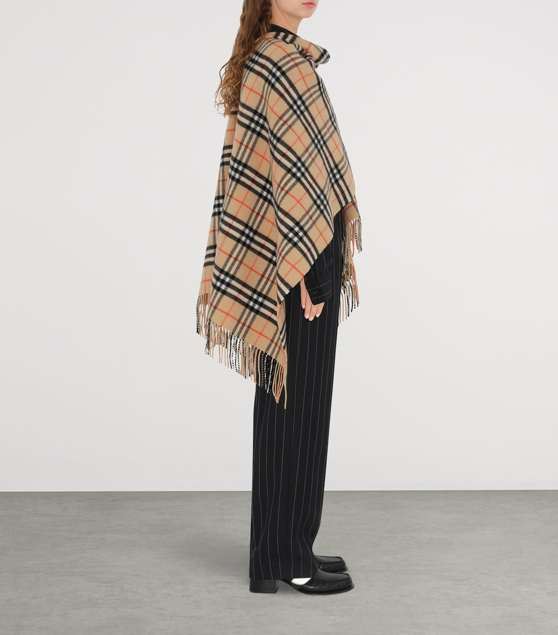 Beige Wool-Cashmere Check Cape