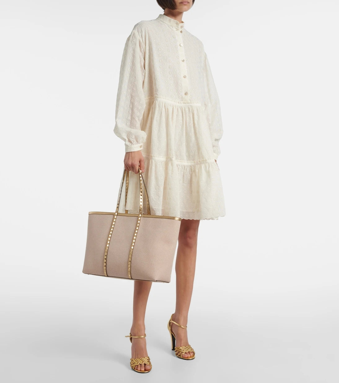 Valentino Garavani - Rockstud Large leather and canvas tote bag